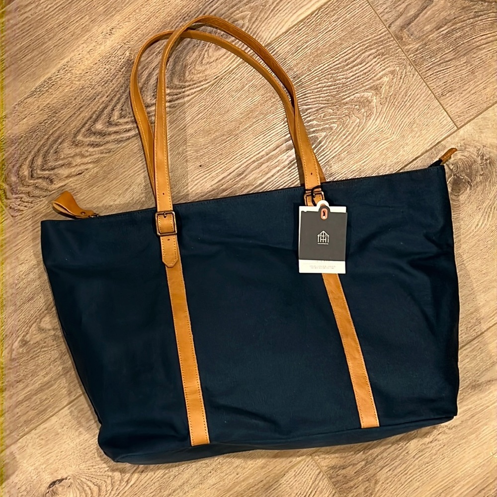 HEARTH & HAND WITH MAGNOLIA Navy Canvas Tote - Vegan Leather Strap - striped int